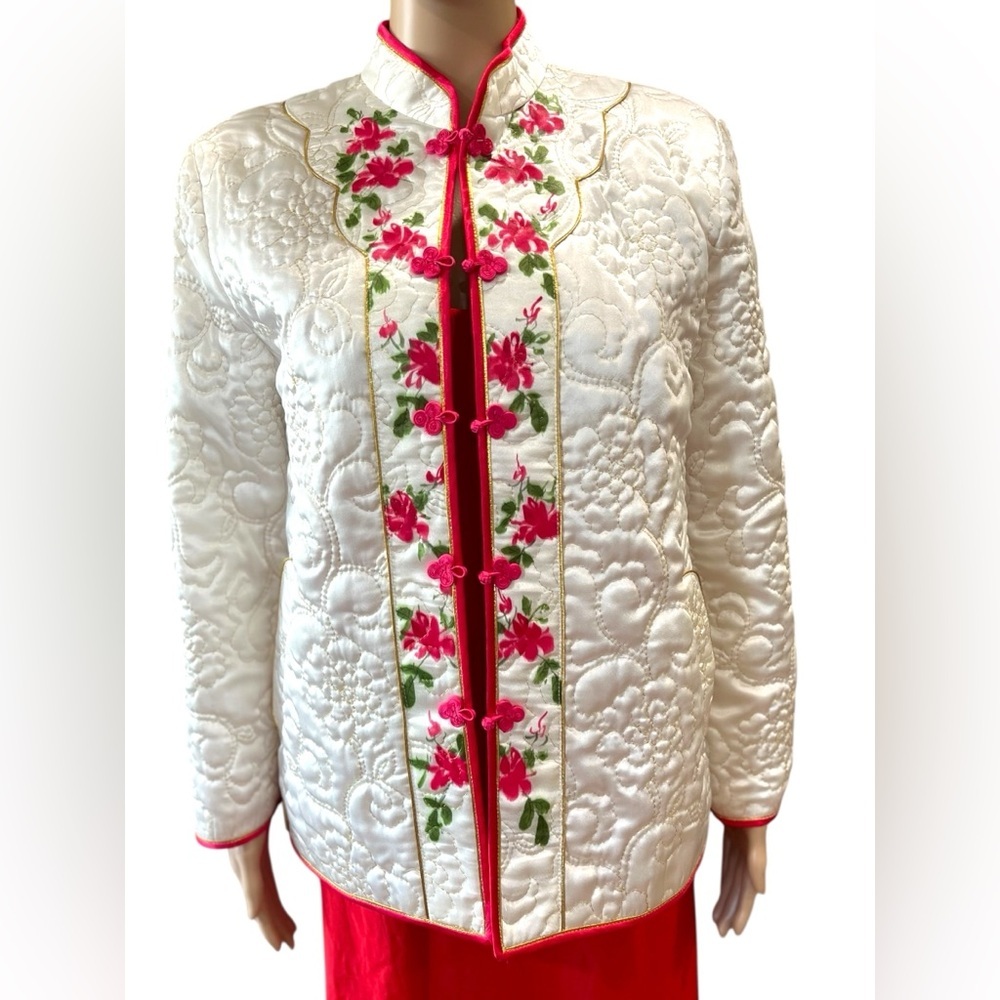 Chinese quilted bed mandarin satin jacket-L